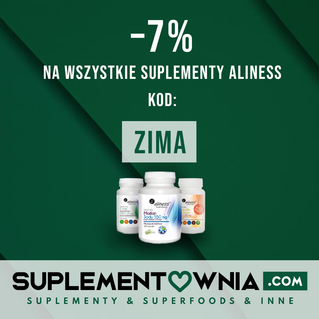 Grafika promocyjna: 7% rabatu na suplementy Aliness w Suplementownia.com, kod rabatowy ZIMA